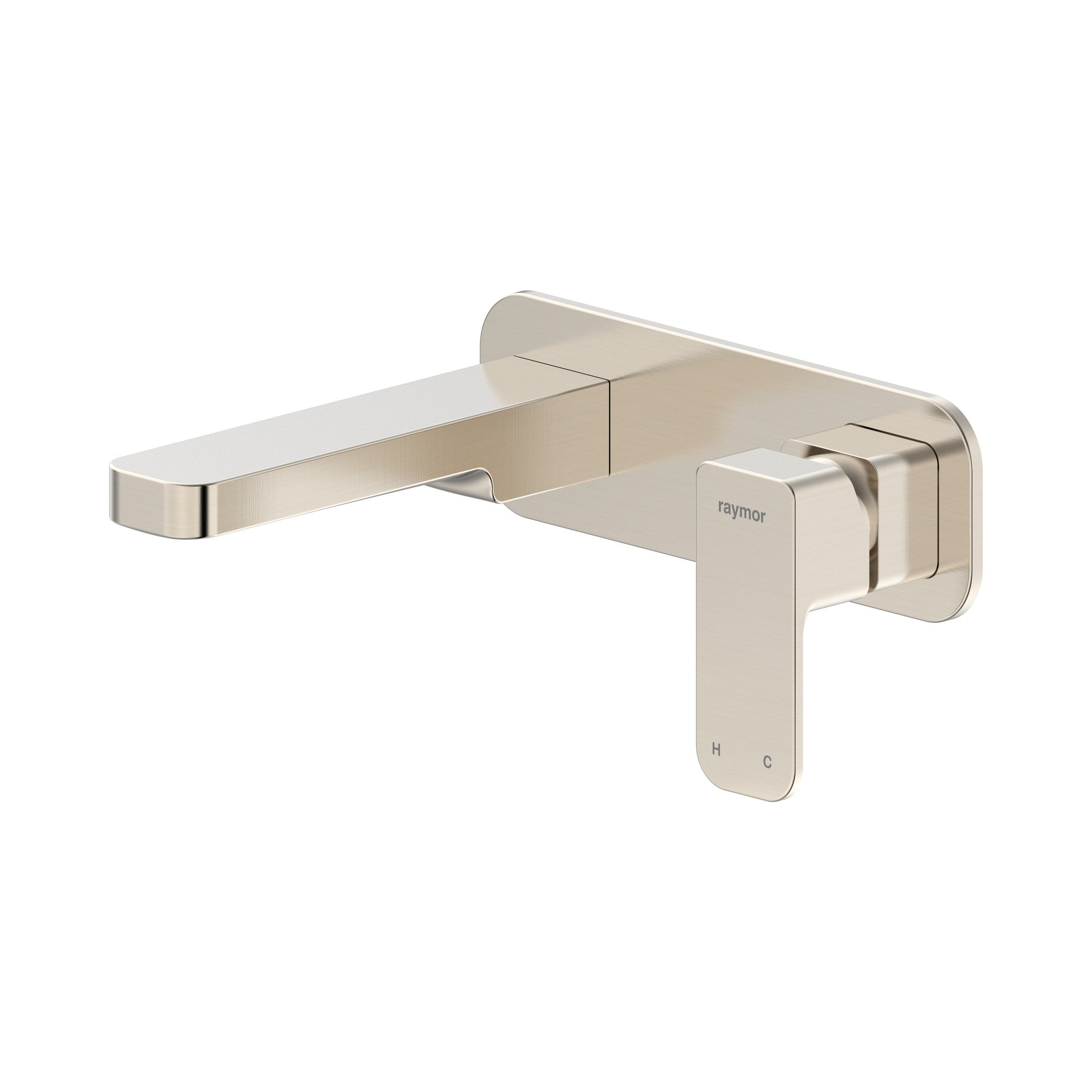 Raymor Sigma wall mixer set with 180mm spout in brushed nickel, wall-mounted tap on white background