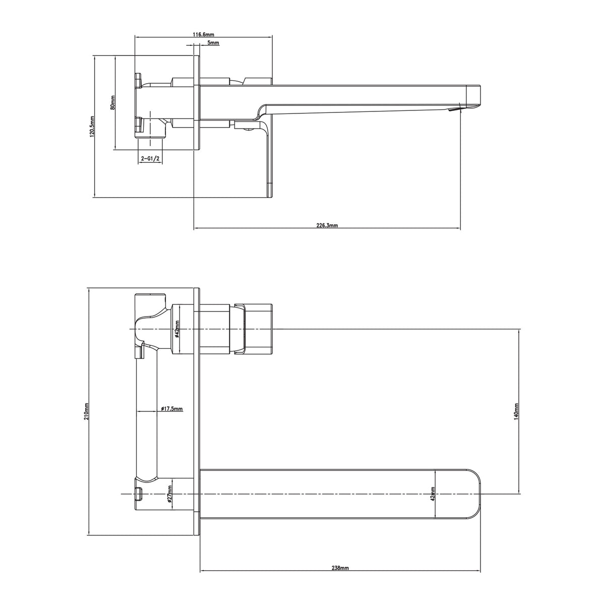 Technical drawing of Raymor Sigma wall mixer set with 220mm spout, black, showing side and plan dimensions.