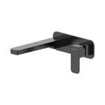 Raymor Sigma wall mixer set with 220mm spout in black, wall-mounted tap on white background