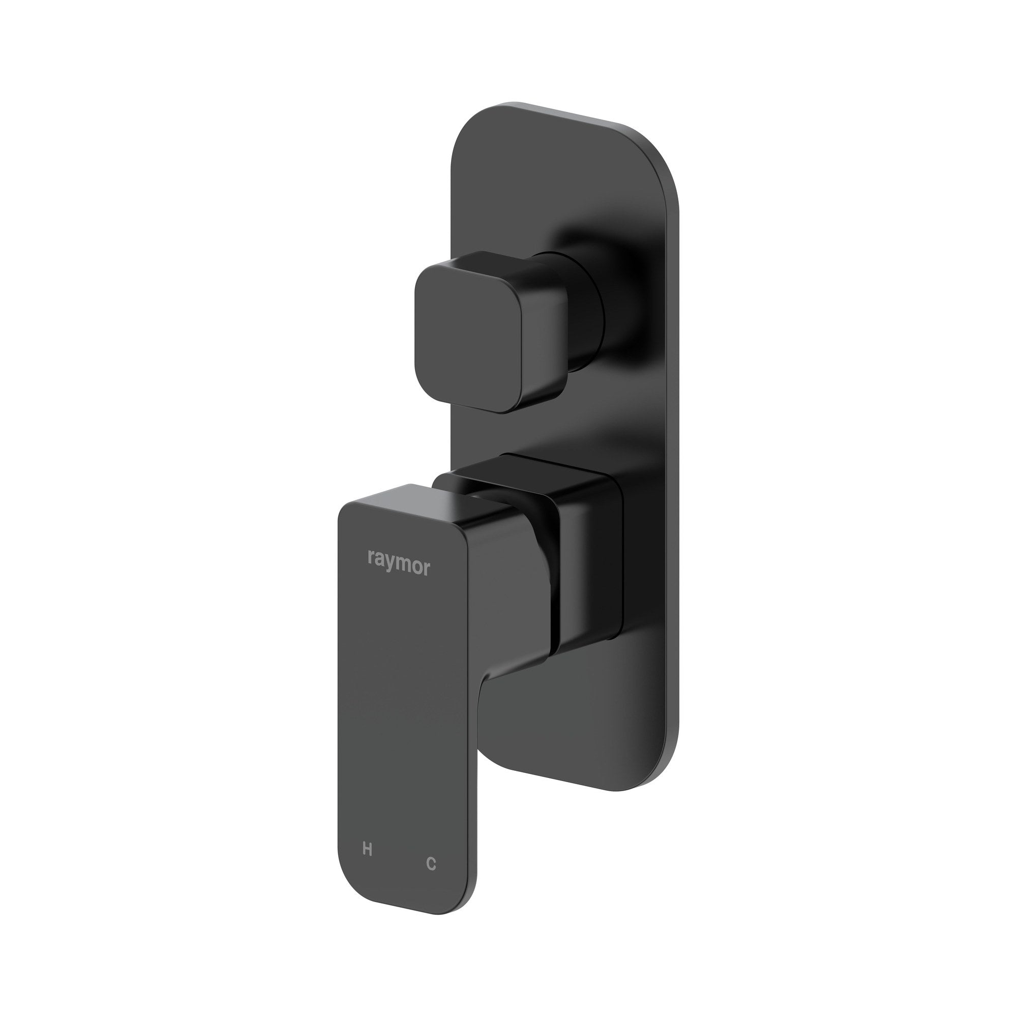 Raymor Sigma black wall mixer and diverter with square paddle handle and wall plate, front view