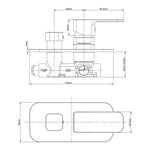 Technical drawing of a Raymor Sigma wall mixer and diverter, showing dimensions and front, side and top views