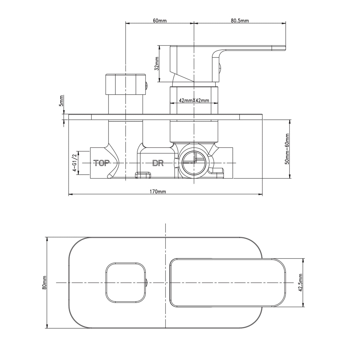 Technical drawing of a Raymor Sigma wall mixer and diverter, showing dimensions and front, side and top views