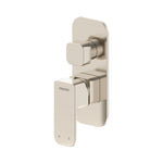 Raymor Sigma wall mixer and diverter in brushed nickel, with rectangular paddle handle and dual control plates