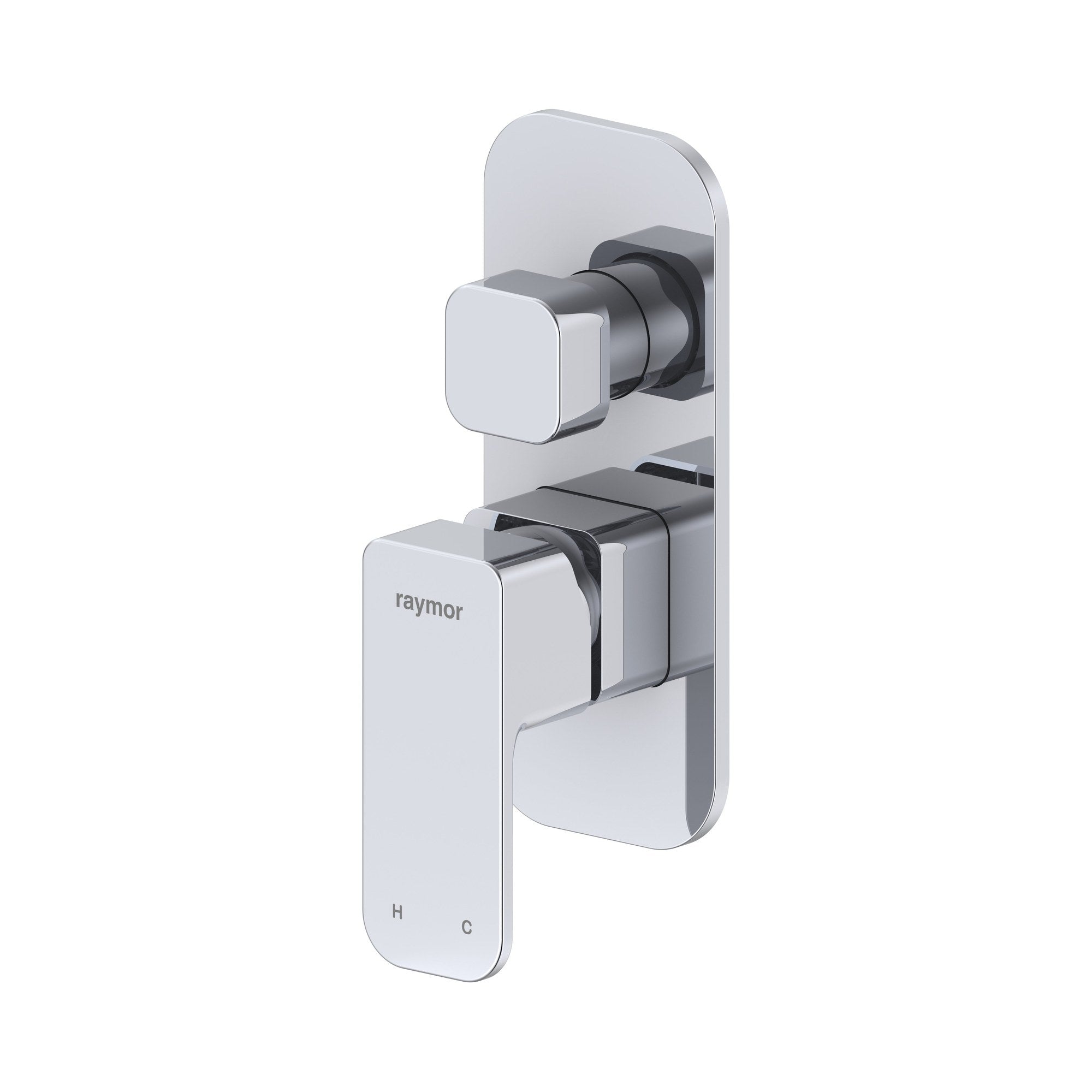 Raymor Sigma chrome wall mixer and diverter tap with square paddle handle and wall plate on white background