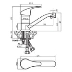 Technical drawing of a Raymor Surrey basin mixer tap in chrome, showing side and top views with dimensions and installation details