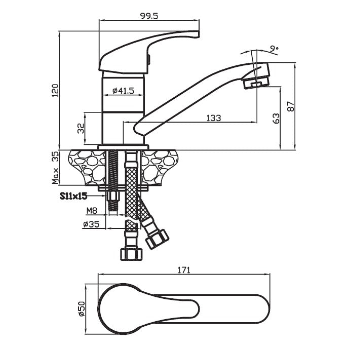 Technical drawing of a Raymor Surrey basin mixer tap in chrome, showing side and top views with dimensions and installation details