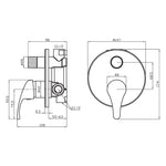 Technical drawing of Raymor Surrey chrome bath and shower mixer with diverter, showing front and side dimensions.