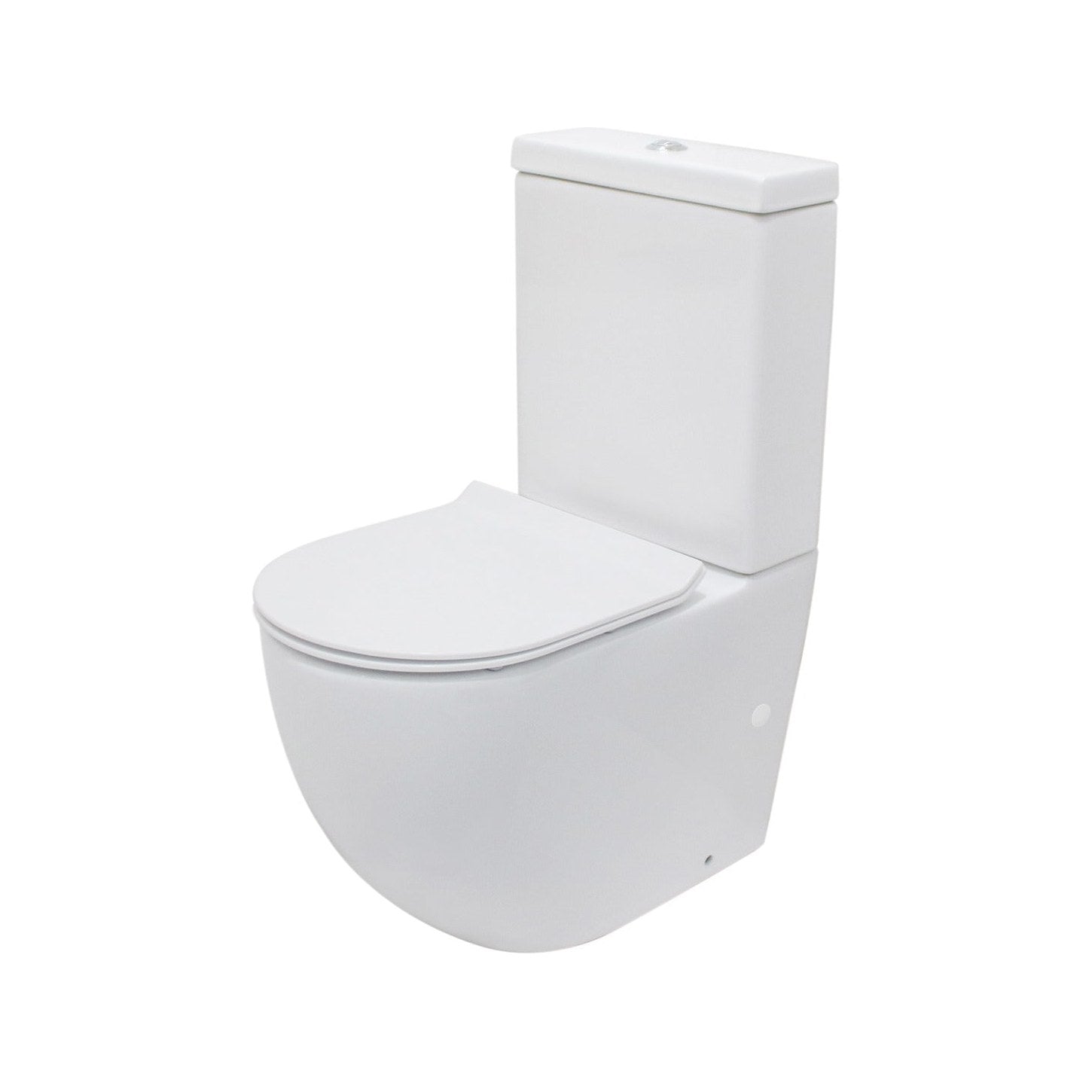 Raymor Winton white back to wall rimless toilet suite with slim seat, front view on white background