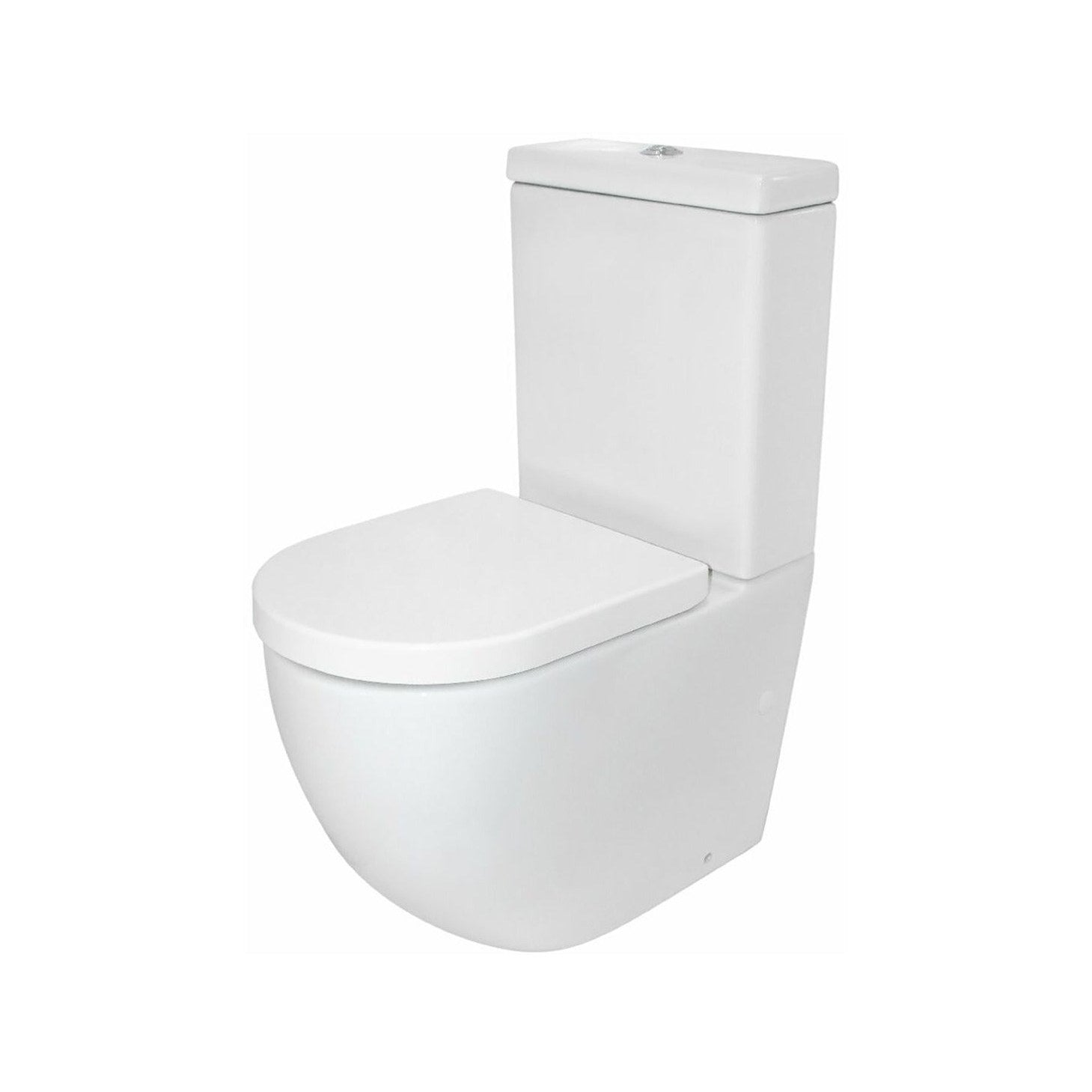 Raymor Winton white back to wall comfort height rimless toilet suite with standard seat, angled front view