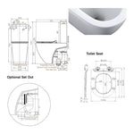 Raymor Winton toilet suite technical drawing, showing back to wall pan, slim seat and dimensions, with close-up rim detail