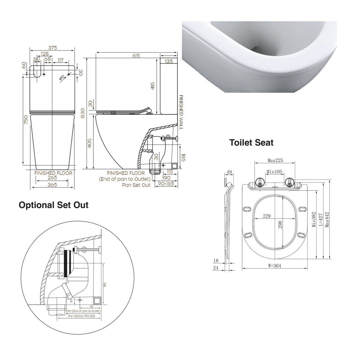 Raymor Winton toilet suite technical drawing, showing back to wall pan, slim seat and dimensions, with close-up rim detail