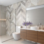 Raymor Winton back to wall rimless toilet suite in white, beside a timber vanity in a modern bathroom