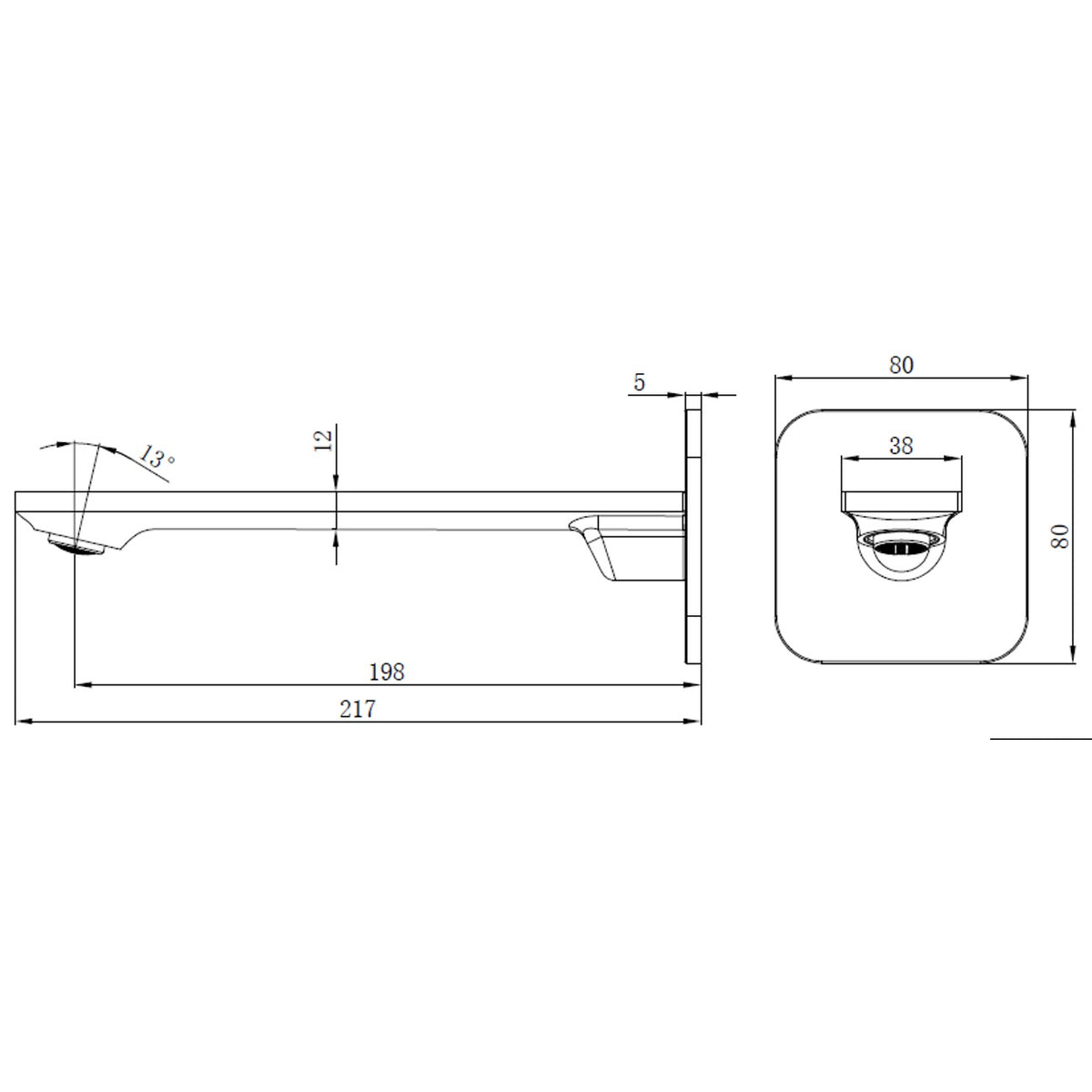 Raymor Winton brushed nickel wall spout technical drawing with side and front views, dimensioned 217mm length and 80mm plate