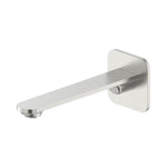 Raymor Winton wall-mounted bath or basin spout in brushed nickel, shown in a side view on white background