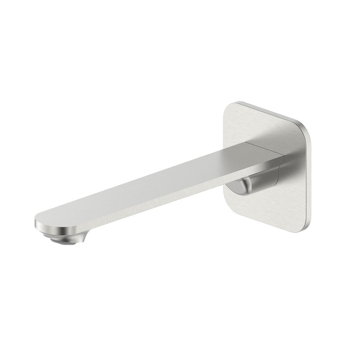 Raymor Winton wall-mounted bath or basin spout in brushed nickel, shown in a side view on white background