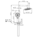 Technical drawing of Raymor Winton Compact Dual Shower in black, showing round 250mm rose, hand shower and 400mm arm dimensions