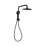 Raymor Winton compact dual shower in black, with round overhead rose, hand shower and hose on wall rail