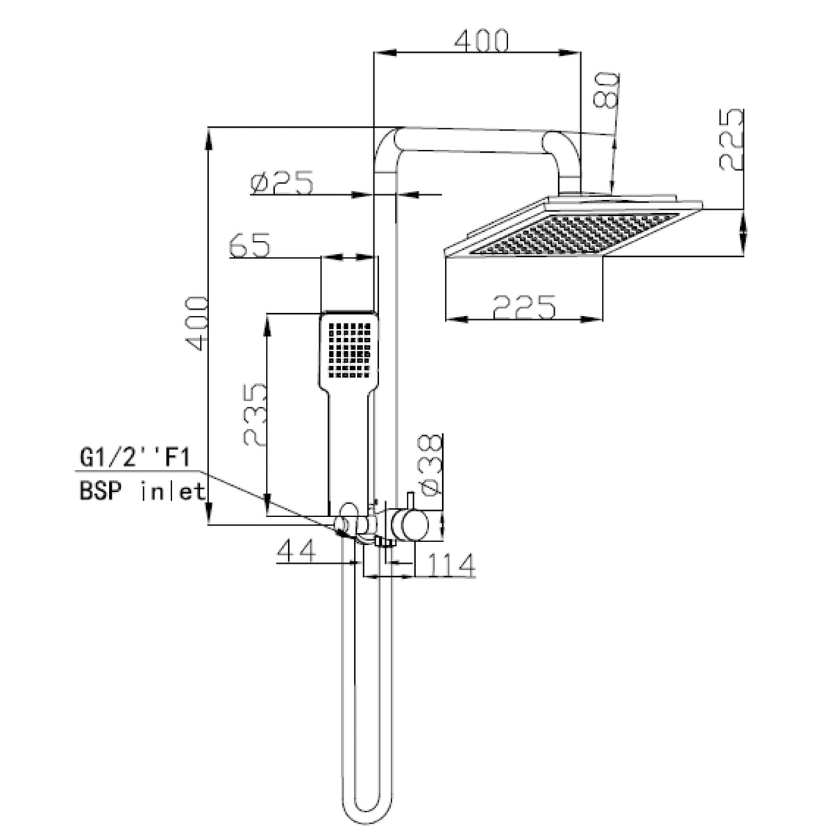 Raymor Winton Compact Dual Shower square technical drawing in black, showing overhead rose, hand shower, rail and measurements