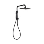 Raymor Winton Compact Dual Square black twin shower with overhead rose, hand shower and hose on short rail