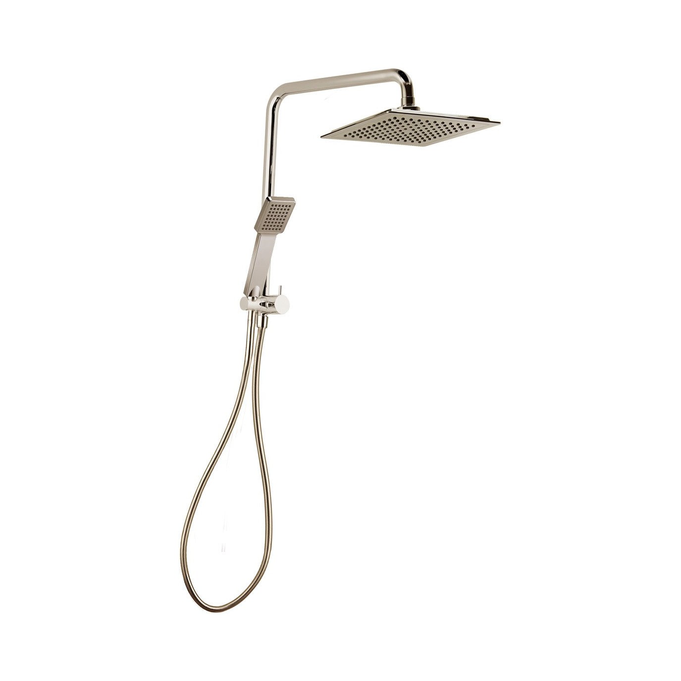 Raymor Winton compact dual square shower in brushed nickel, with overhead rose, hand shower and hose on short rail