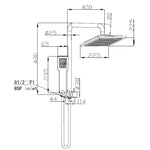 Technical drawing of Raymor Winton Compact Dual Shower Square in chrome, showing square overhead rose, hand shower and dimensions.