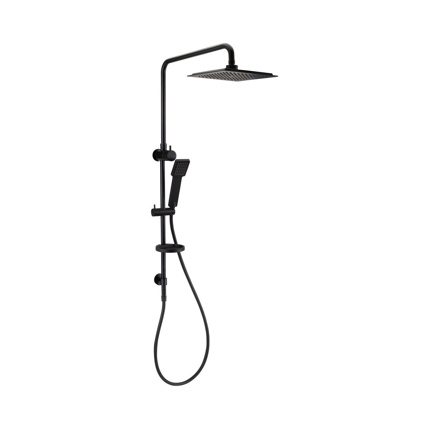 Raymor Winton dual shower in black, with square overhead rose, handheld rail shower and hose on white background