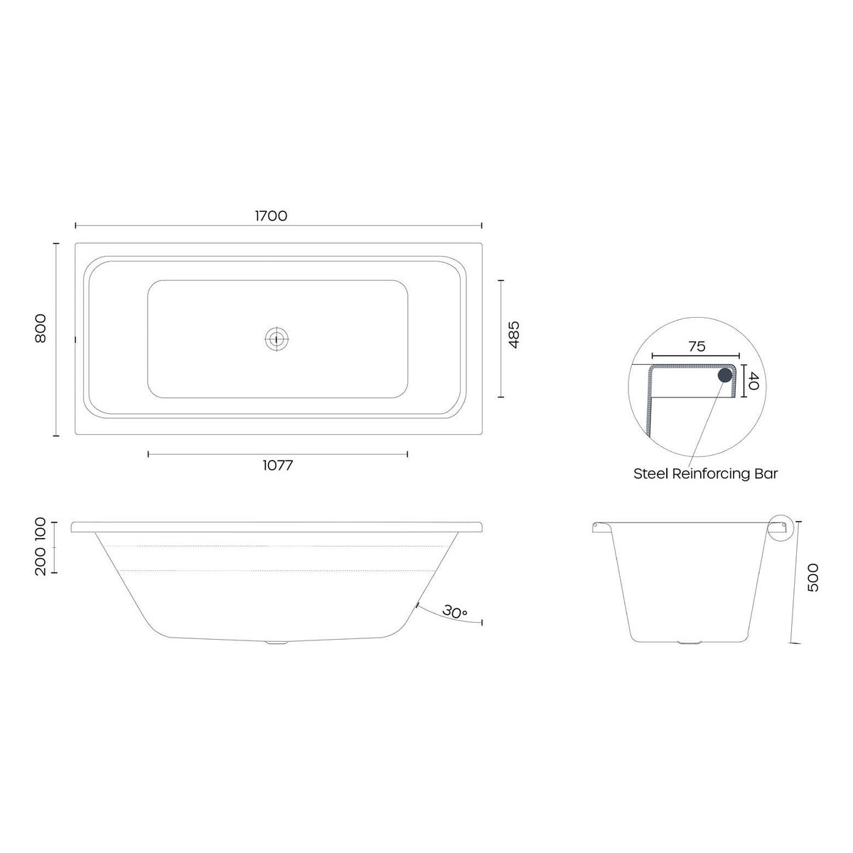 Technical drawing of Raymor Winton island bath, white, 1700 x 800mm with centre waste and steel reinforcing bar