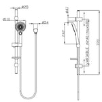 Raymor Winton black rail shower technical drawing with adjustable hand shower, hose and dimensions