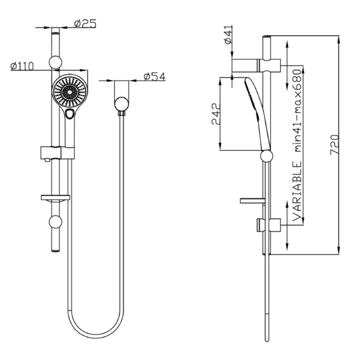 Raymor Winton black rail shower technical drawing with adjustable hand shower, hose and dimensions