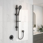 Raymor Winton black rail shower with hand shower and wall mixer on a white tiled bathroom wall