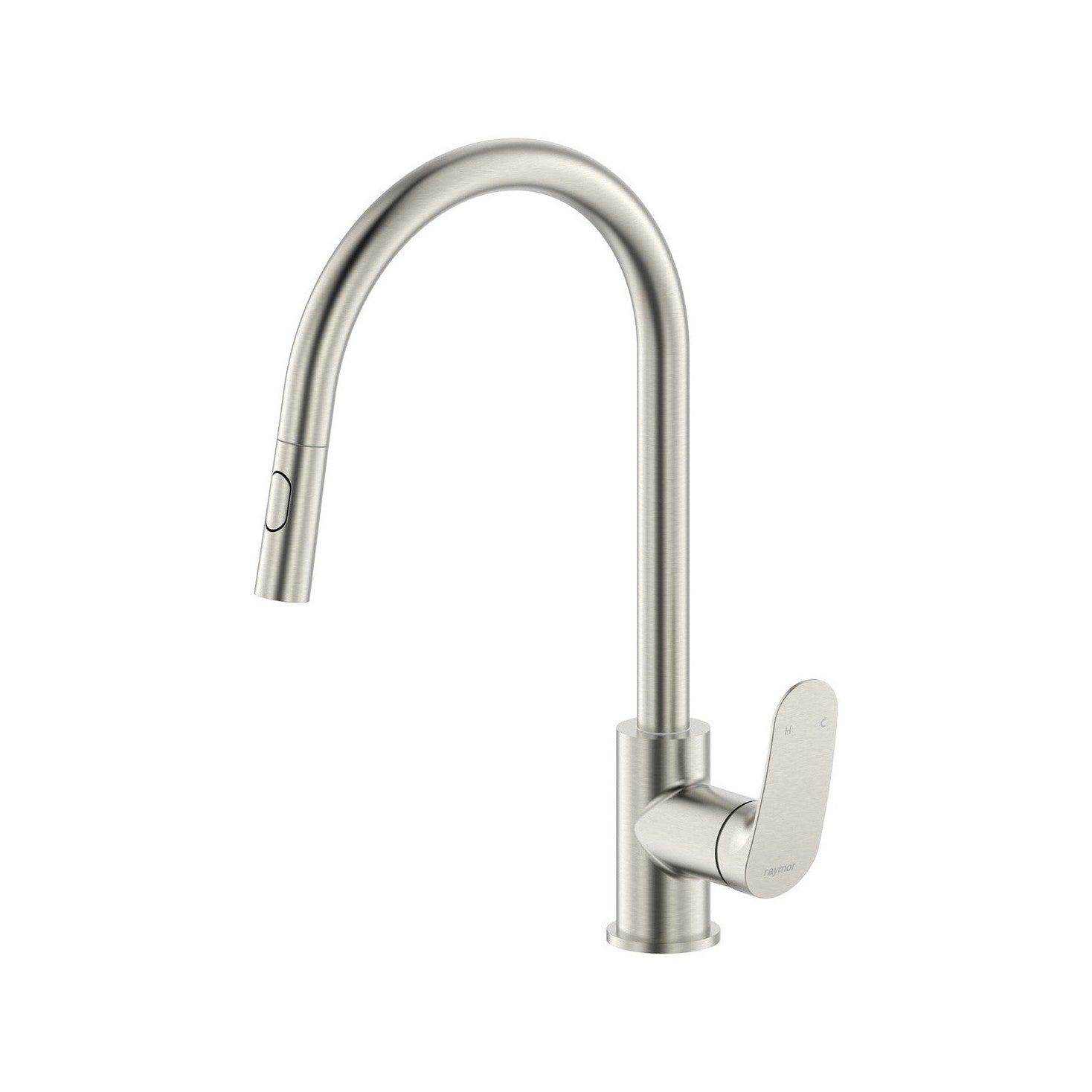 Raymor Winton brushed nickel pull-out sink mixer with gooseneck swivel spout and veggie spray handpiece