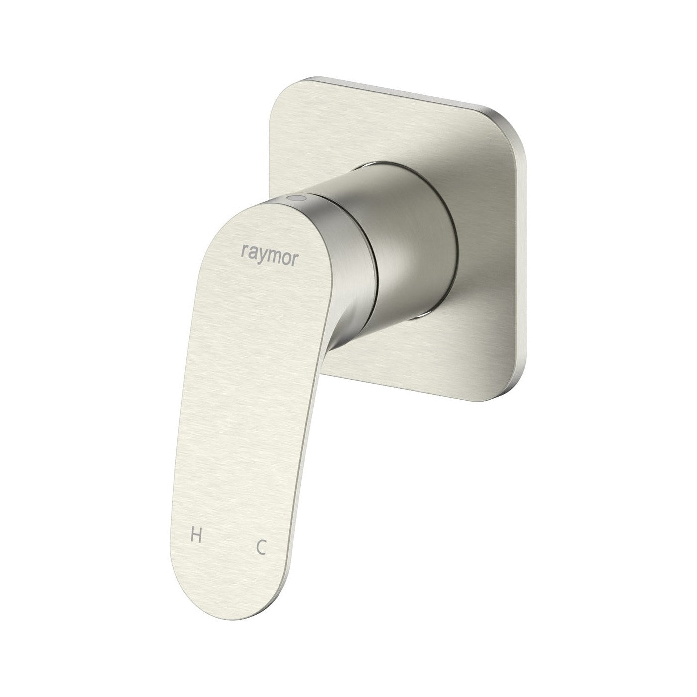 Raymor Winton brushed nickel wall mixer with single lever on square backplate, front view
