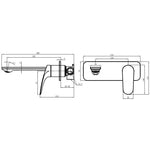 Raymor Winton wall mixer and 200mm spout technical drawing in black, with dimensions and side and front views