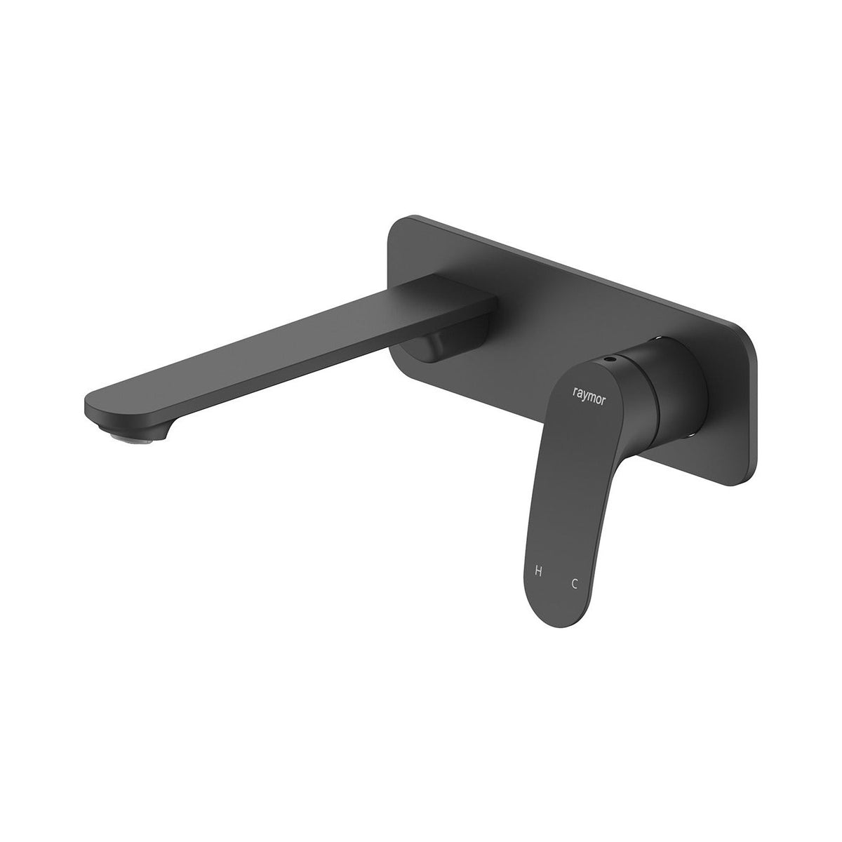 Raymor Winton wall mixer set with 200mm spout in black, wall-mounted tap with rounded paddle handle