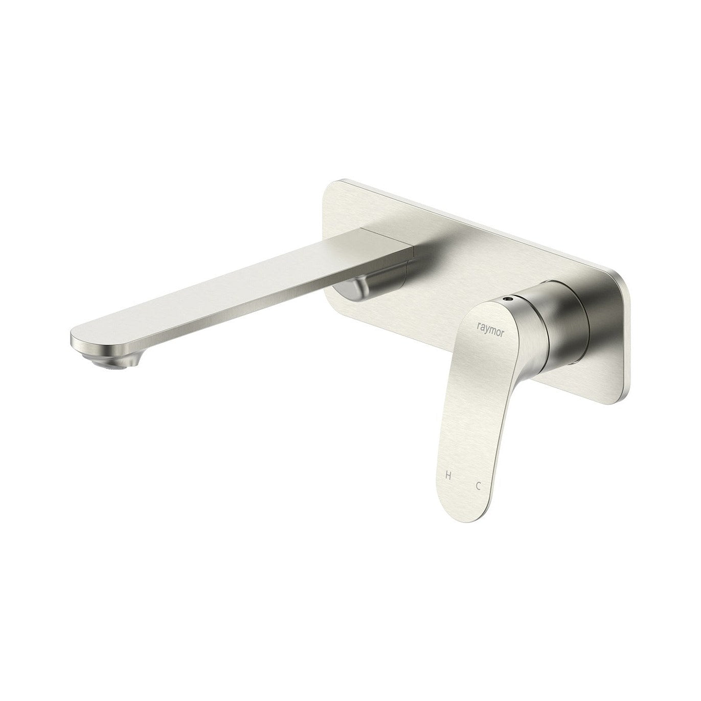 Raymor Winton wall mixer and 200mm spout set in brushed nickel, wall mounted with rounded paddle handle