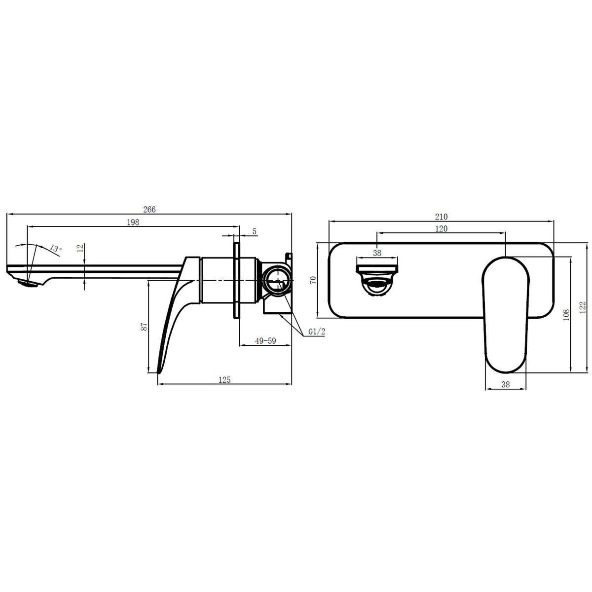 Raymor Winton wall mixer and 200mm spout technical drawing in chrome, with dimensions and side and front views