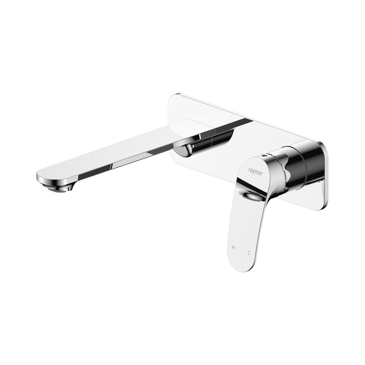 Raymor Winton chrome wall mixer with 200mm spout, wall-mounted tap set with rounded paddle handle and trim plate