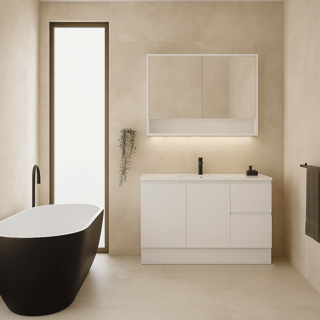 Timberline Swift floor standing vanity in white with ceramic top, shown in a modern beige bathroom setting