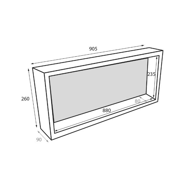 Radiant Thermaniche shower niche technical drawing, black framed wall recess, 260 x 905 mm, dimensions marked in millimetres