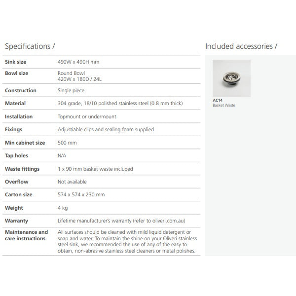 Oliveri Solitaire round bowl stainless steel sink specifications page with included basket waste
