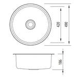 Oliveri Solitaire round stainless steel kitchen sink technical drawing, showing single round bowl and 490 x 186mm dimensions