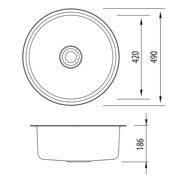 Oliveri Solitaire round stainless steel kitchen sink technical drawing, showing single round bowl and 490 x 186mm dimensions