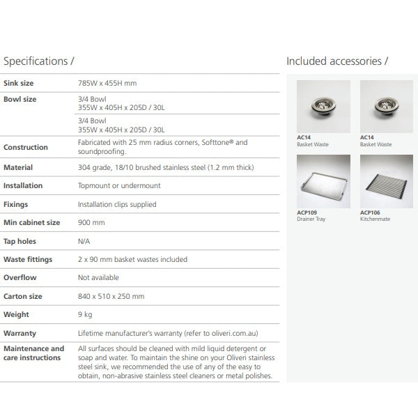 Specifications sheet for Oliveri Sonetto double bowl stainless steel kitchen sink with included basket wastes and drainer tray figures