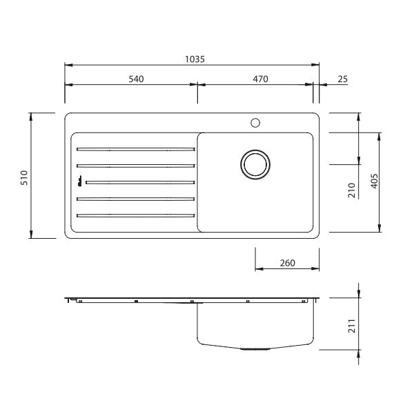 Oliveri Sonetto single bowl topmount sink drainer technical drawing in stainless steel, showing dimensions and 1 tap hole