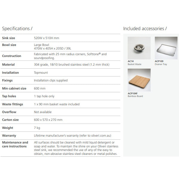 Oliveri Sonetto large stainless steel topmount kitchen sink specifications with included basket waste, drainer tray and bamboo board
