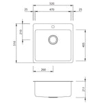 Oliveri Sonetto single bowl topmount kitchen sink technical drawing, stainless steel, 520 x 510mm with 1 tap hole
