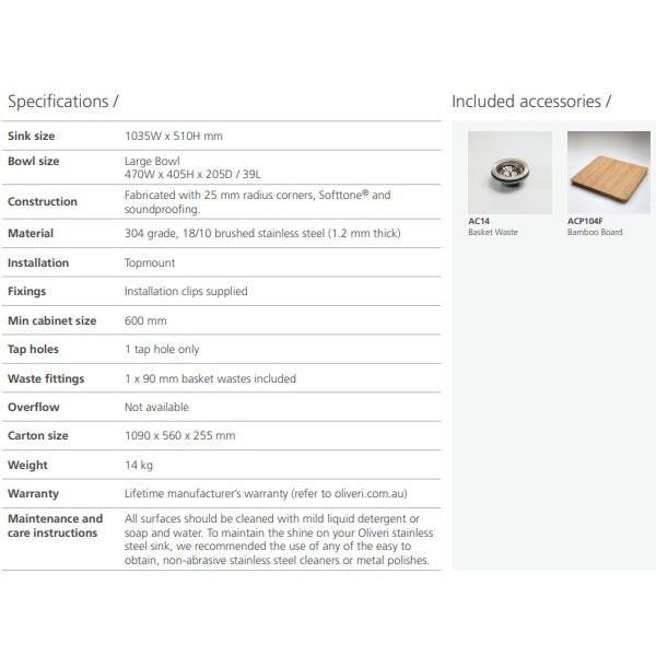 Oliveri Sonetto stainless steel kitchen sink specifications sheet with included basket waste and bamboo board accessories