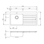 Oliveri Sonetto single bowl topmount sink drainer, left-hand drainer, stainless steel technical drawing with dimensions