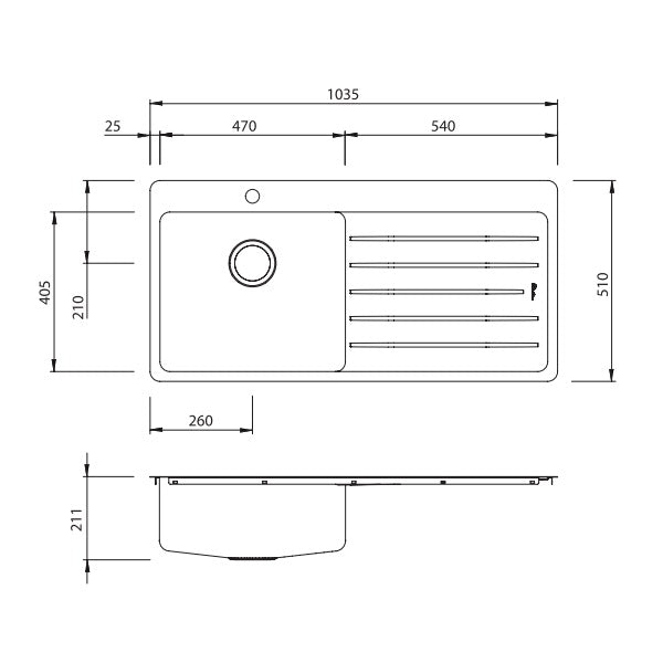 Oliveri Sonetto single bowl topmount sink drainer, left-hand drainer, stainless steel technical drawing with dimensions