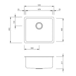 Oliveri Sonetto undermount single bowl kitchen sink technical drawing, stainless steel, 520 x 455 x 211mm